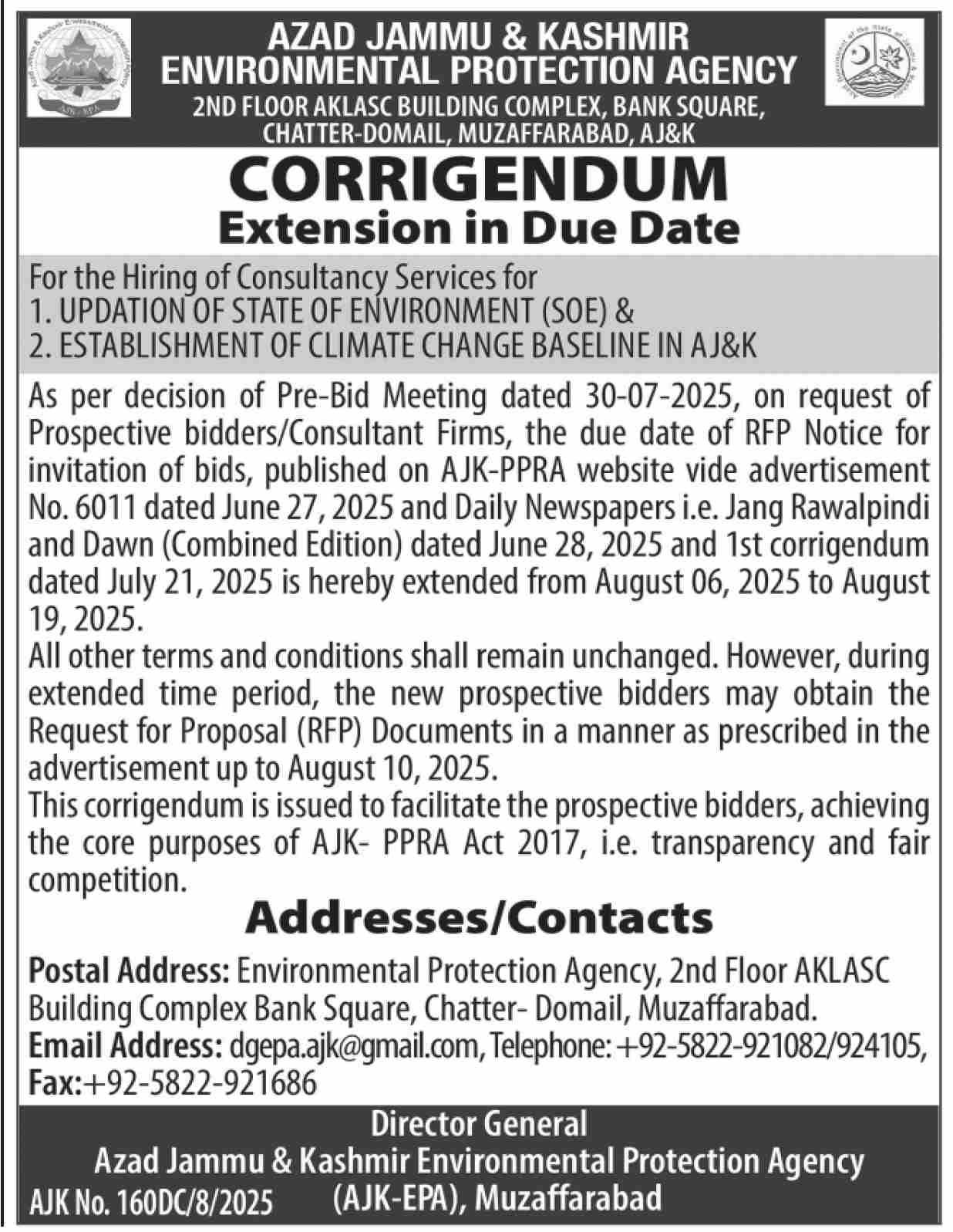Azad Jammu & Kashmir Environmental Protection Agency Muzaffarabad Tender Notice